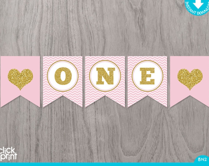 Pink and Gold Printable ONE Year Old Birthday Banner - Etsy