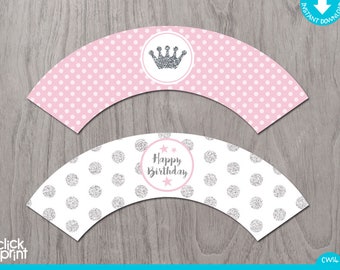 Pink and Silver Print Yourself Baby Girl Birthday Cupcake Wrappers, Pink and Silver Glitter Girl Birthday Cupcake Wrappers