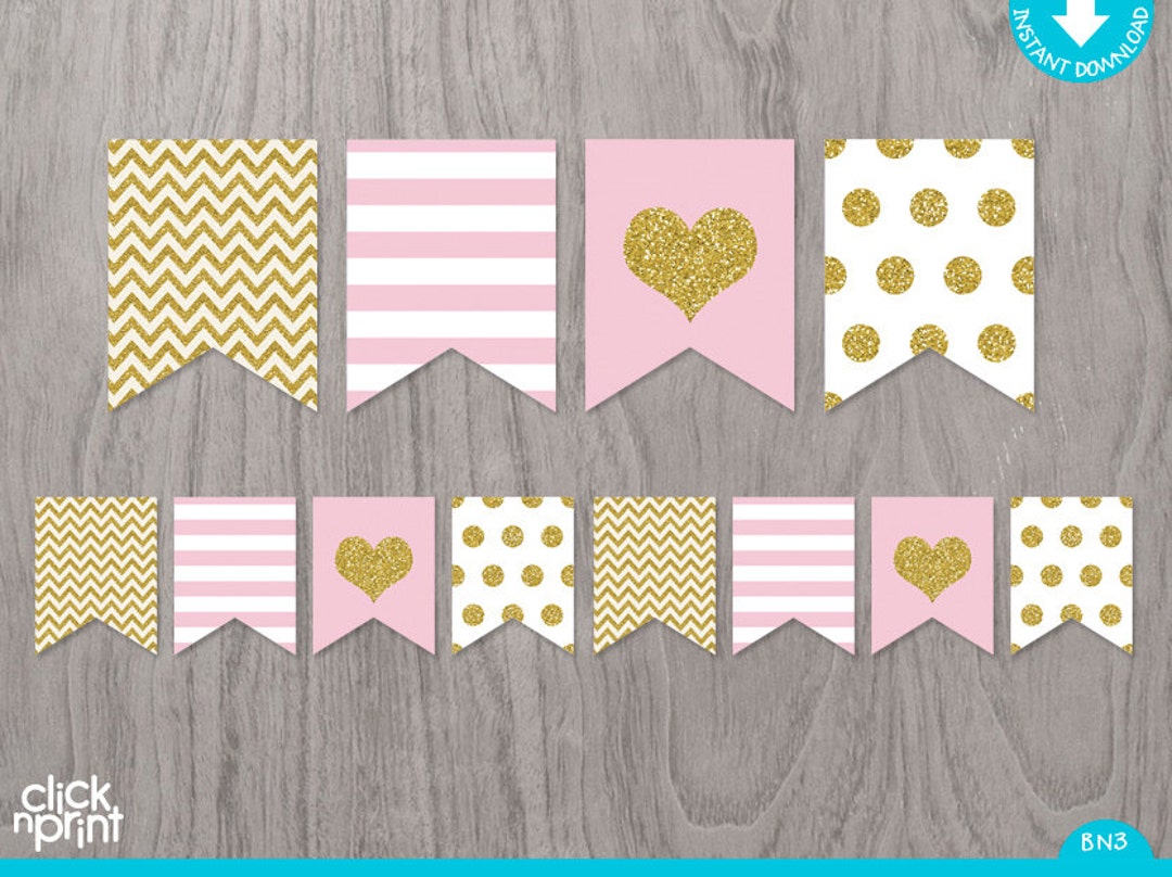 Pink and Gold Printable Birthday Banner, Printable Glitter Banner, Pink ...