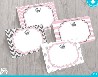 Pink and Silver Print Yourself Food Tent Cards, Printable Princess Place Cards, Party Decoration, Party Printables