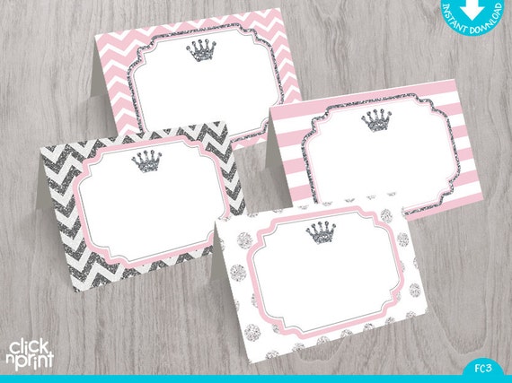 Pink and Silver Print Yourself Food Tent Cards, Printable Princess Place Cards, Party Decoration, Party Printables Il_570xn