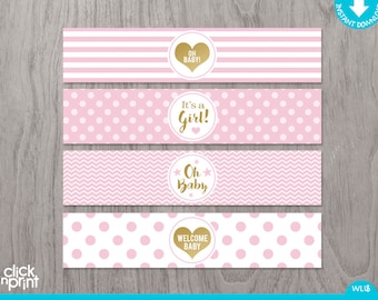 Pink and Gold Baby Shower Print Yourself Water Bottle Labels, Girl Baby Shower Water Bottle Labels, Pink and Gold Decoration