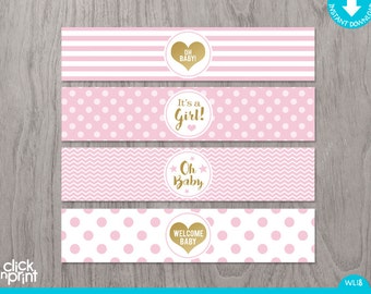 Pink and Gold Baby Shower Print Yourself Water Bottle Labels, Girl Baby Shower Water Bottle Labels, Pink and Gold Decoration