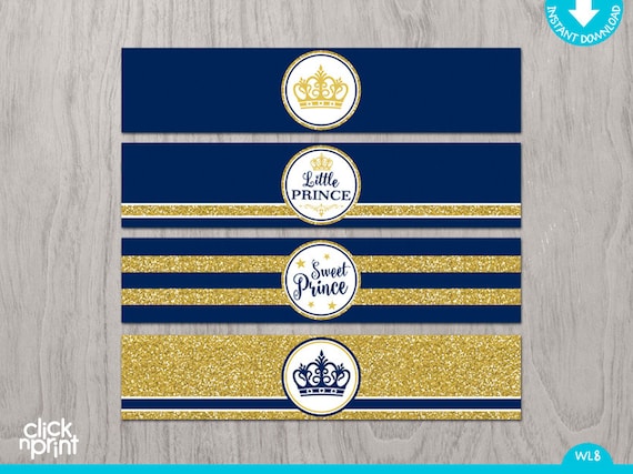 Prince Baby Shower or Birthday Navy Blue Gold Glitter Print Yourself Water Bottle Labels, Prince Water Bottle Labels Il_570xn