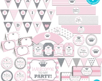 Pink and Silver Glitter Print Yourself Princess Party Decorations, Any Age Printable Party Package, Princess Birthday Decoration