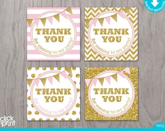 Pink and Gold Print Yourself Thank You Tags, Printable Favor Tags, Glitter Party Decoration, Baby Princess Thank You Tags, pink gold tags