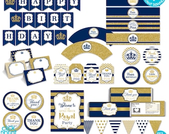 Navy Blue and Gold Glitter Print Yourself Prince Party Decorations, Any Age Baby Boy Printable Party Package, Prince Birthday Decoration