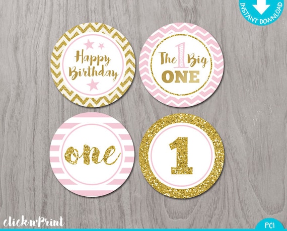 Pink and Gold Print Yourself Cupcake Toppers, Printable Party Circles, Glitter Party Decoration, 1st Birthday Cupcake toppers Il_570xn