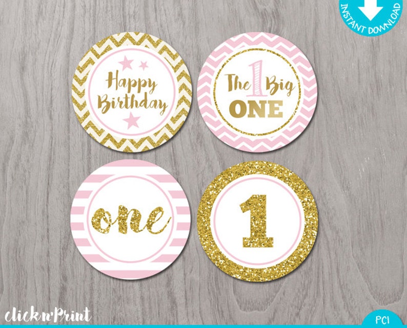 Pink and Gold Print Yourself Cupcake Toppers, Printable Party Circles, Glitter Party Decoration, 1st Birthday Cupcake toppers image 1