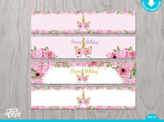 unicorn and flowers pink and gold birthday print yourself water bottle