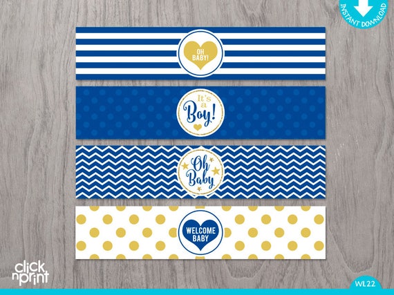 Royal Blue and Gold Glitter Baby Shower Print Yourself Water Bottle Labels, Boy Baby Shower Water Bottle Labels, Baby Shower Decoration DIY Il_570xn