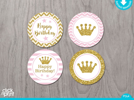 Pink and Gold Print Yourself Cupcake Toppers, Printable Party Circles, Glitter Party Decoration, Birthday Cupcake toppers, Princess Any Age Il_570xn