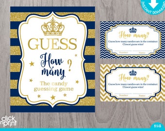 Navy Blue and Gold Glitter Candy Guessing Game Print Yourself Prince Baby Shower, Candy Guessing Game, Baby Shower Games