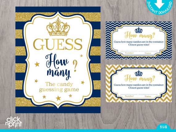 Navy Blue and Gold Glitter Candy Guessing Game Print Yourself Prince Baby Shower, Candy Guessing Game, Baby Shower Games Il_570xn