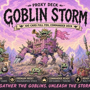 Może przedstawiać: Talia 100 kart full foil commander o tytule Proxy Deck Goblin Storm. Grafika na pudełku przedstawia zielone gobliny, fioletową drewnianą konstrukcję mechaniczną i różowe niebo. Tekst zawiera 100 CARD FULL FOIL COMMANDER DECK oraz GATHER THE GOBLINS. UNLEASH THE STORM.