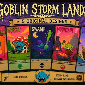 Può includere: Un set di cinque carte Goblin Storm Lands con illustrazioni colorate di goblin blu e verdi in vari ambienti. Le carte sono etichettate Plains, Forest, Swamp, Mountain e Island, con testo che include 5 Original Designs, Cute Goblins, Iconic Lands. Endless Adventures.