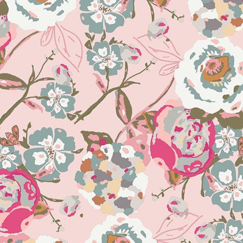 May include: A floral pattern featuring large, stylized flowers in shades of pink, white, teal, and gray. The design includes detailed petals and leaves on a light pink background, creating a soft, artistic look. This pattern is suitable for fabric or wallpaper.