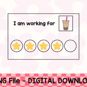 Könnte beinhalten: Ein druckbarer digitaler Download einer Bewertungskarte mit dem Text "Ich arbeite für" und fünf Sternen. Vier der Sterne sind gelb gefüllt, ein Stern ist leer. Oben rechts befindet sich ein Cartoon-Bild eines Boba-Tees mit einem rosa Strohhalm.