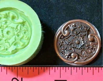 Silicone Mold elegant cabochon Medallion button pin flower jewelry used with wax, gypsum, resin, hot glue, soap, clay, metal