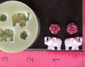Silicone Mold elephant and Rose Flower used with card, scrapbooking, wax, Candle, gypsum, resin, hot glue, soap, clay, concrete, metal