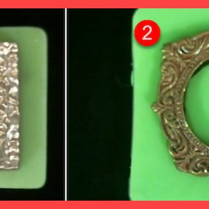 Könnte beinhalten: Zwei goldfarbene Metallbilderrahmen mit verzierten Designs. Die Rahmen befinden sich auf einem grünen Hintergrund.