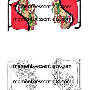 Könnte beinhalten: Zwei Bilder eines roten und schwarzen Schlittens, gefüllt mit Comic-Tieren und verpackten Geschenken. Das obere Bild ist farbig, das untere Bild ist schwarzweiß. Der Text "momentoessentials.com" ist auf beiden Bildern gedruckt.
