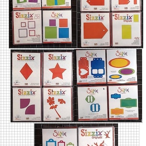Könnte beinhalten: Eine Sammlung von Sizzix Originals Stanzschablonen in verschiedenen Formen, darunter Quadrate, Etiketten, Sterne und florale Designs. Die Schablonen sind in transparenten Kunststoffverpackungen mit dem Sizzix-Logo und Produktinformationen.