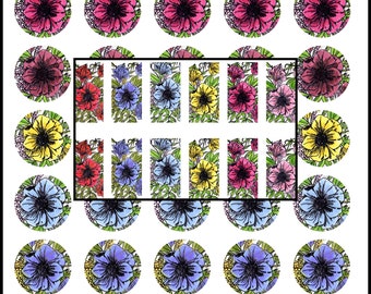 Daisy Flower Printable Downloads, Round Rectangle Digital Collage Sheet 6 sizes, Bottle Cap, Jewelry Making, Magnets, Scrapbooking, Cabochon