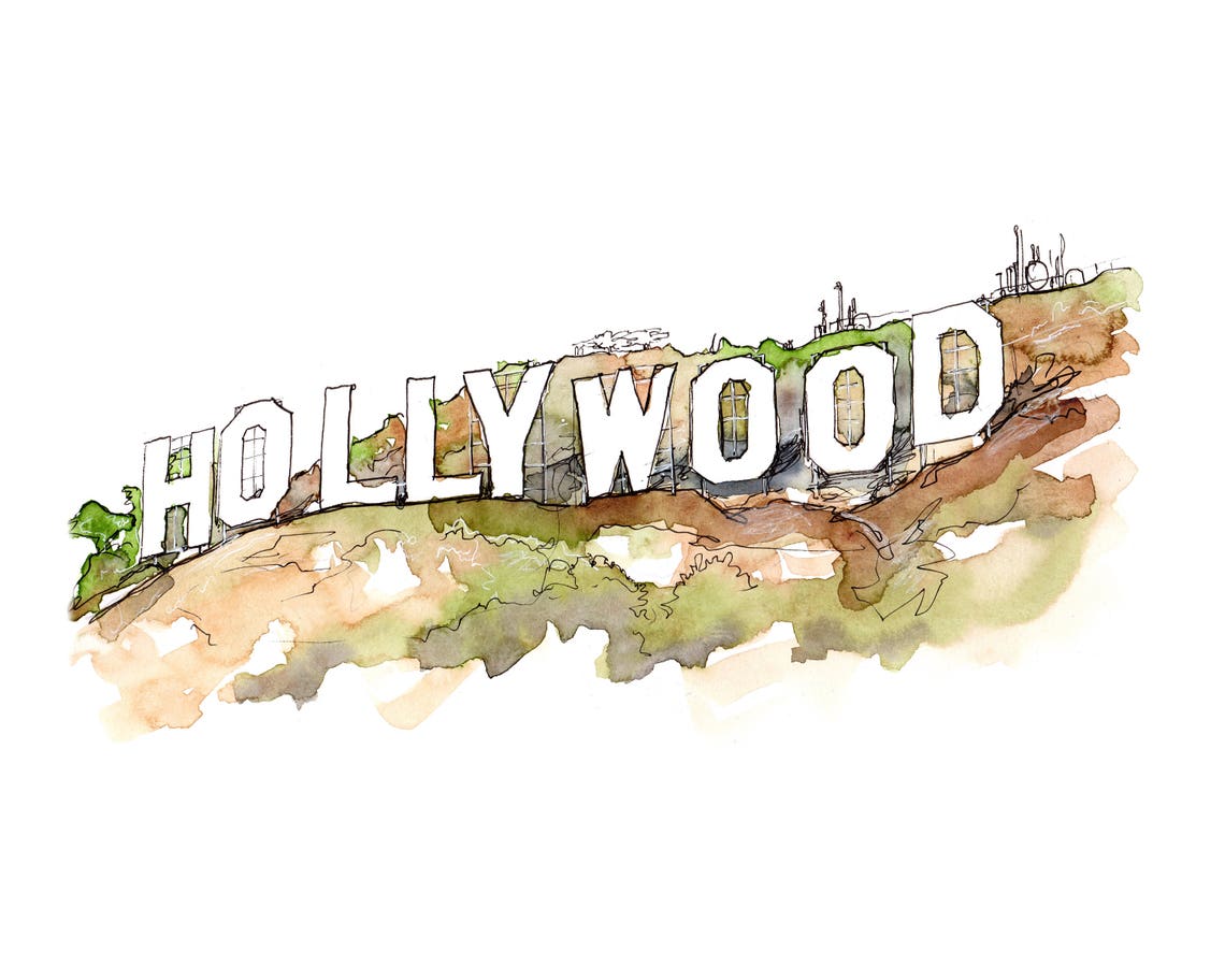 HOLLYWOOD Sign sketch paint Watercolor Watercolour Art Print | Etsy