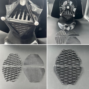 Könnte beinhalten: Eine schwarze Darth-Vader-Maske aus Kunststoff mit einem schwarzen Maschengitter über Mund und Nase. Die Maske besteht aus zwei Teilen, wobei das obere Teil die Stirn bedeckt und das untere Teil Mund und Nase bedeckt. Die Maske wird als Bastelbedarf verkauft.