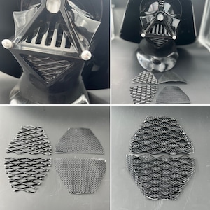 Könnte beinhalten: Ein Satz aus sechs schwarzen Kunststoff-Gitterpaneelen, die als dekoratives Element verwendet werden sollen. Die Paneele sind in verschiedenen Formen und Größen angeordnet und haben ein geometrisches Muster.