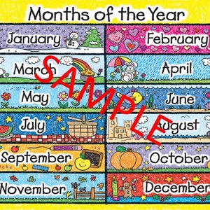 Set di 2 giorni della settimana e mesi dell'anno Stampe di poster educativi per bambini in età prescolare