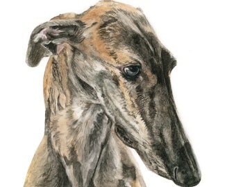Puede incluir: Pintura acuarela de un perro galgo marrón y negro con una expresión triste. La cabeza del perro está inclinada hacia abajo y sus ojos están cerrados. La pintura está hecha sobre un fondo blanco.