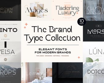 May include: A digital display showcasing The Brand Type Collection, featuring ten distinct font styles with names like Brown Austin, Mages, Fladerling Luxury, Shoal, Kento, Mores, Melsa, Luna, Crops, Le monde, and Dotcom in various layouts.
