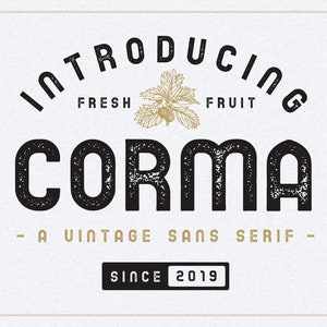 May include: A vintage-style logo design with the word "CORMA" in a bold, distressed black font. Above it, "INTRODUCING FRESH FRUIT" arches across the top. The design includes a gold illustration of a fruit and the text "SINCE 2019".