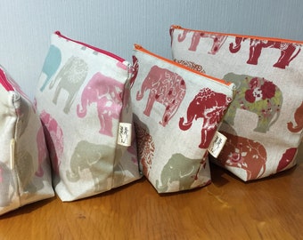 Elephants washbag & make up bag, handmade gift set, Teacher's present