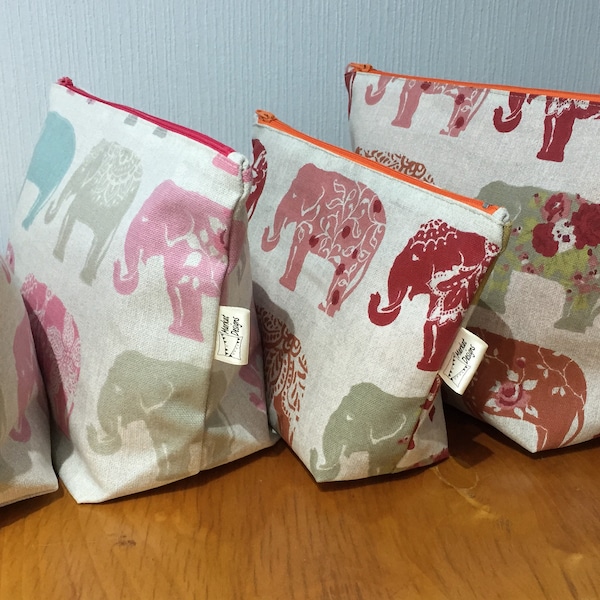 Elephants washbag & make up bag, handmade gift set, Teacher's present