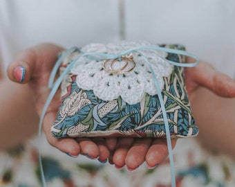 Vintage ring pillow, blue ring bearer pillow, Liberty fabric, vintage wedding ring cushion, crochet doily, William Morris print, sustainable