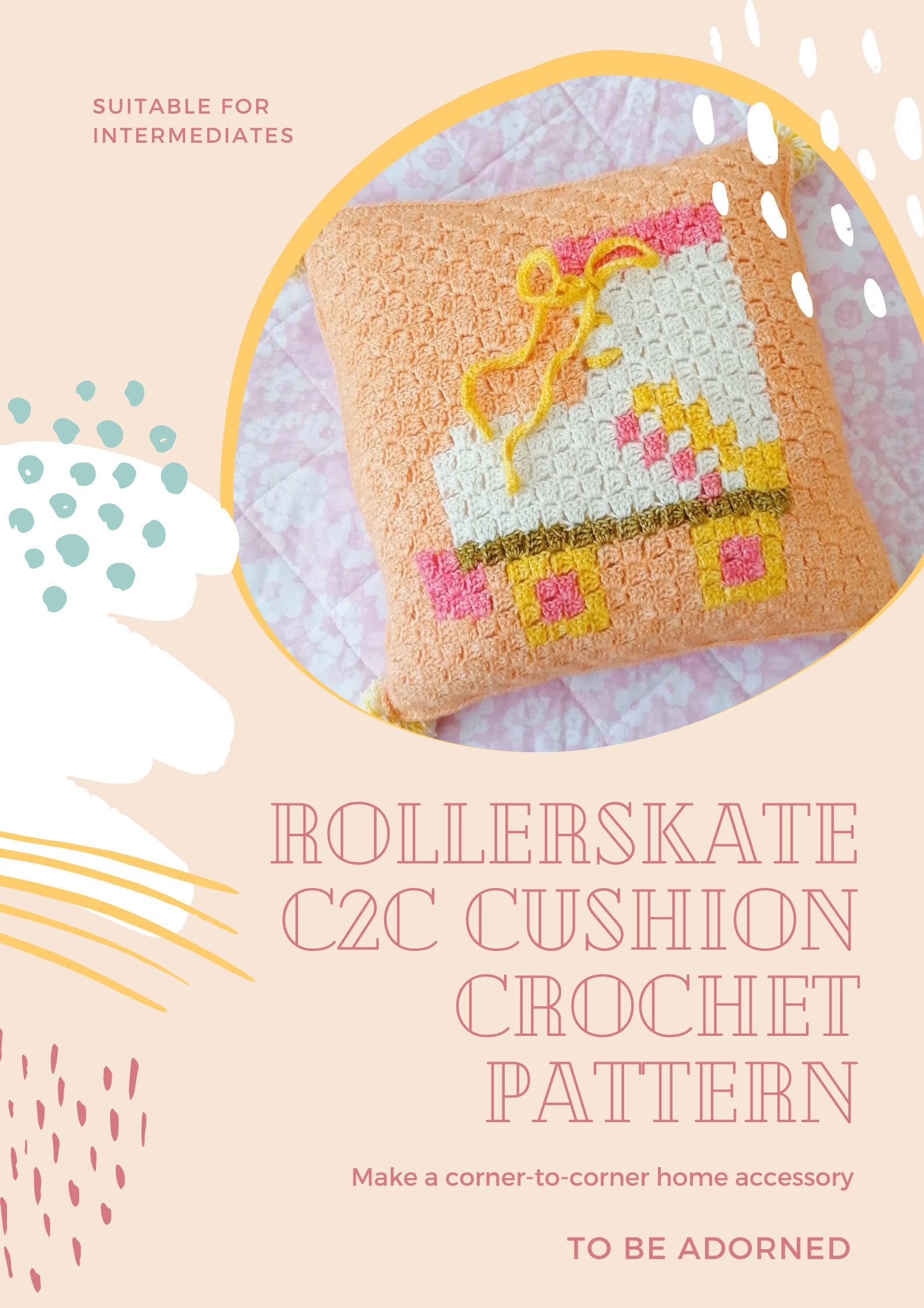 Rollerskate Cushion, PDF Crochet Pattern, C2C Crochet Cushion, Corner