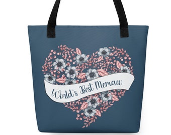 World’s Best Memaw Tote bag, Birthday Gift for Memaw,  Memaw Mother's day Gift Tote Bag, Heart Flowers Tote for Grandmother's Day