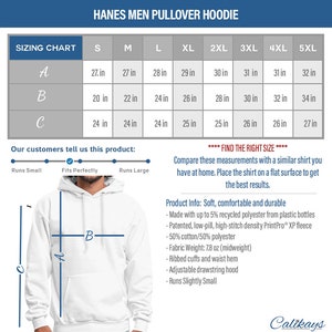 Op de afbeelding: Maattabel voor een heren-pullover met capuchon met afmetingen in inches. De tabel toont de afmetingen voor de lengte, breedte en mouwlengte van de pullover in de maten S tot en met 5XL. De pullover is wit en heeft een capuchon met trekkoord. De tekst "Find the right size" staat bovenaan de tabel. De tekst "Onze klanten vertellen ons over dit product: Valt klein uit, Past perfect, Valt groot uit" staat onder de tabel. Een witte pullover met capuchon is onder de tabel afgebeeld, waarbij de afmetingen met A, B en C zijn aangegeven.