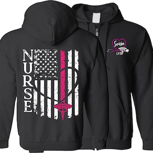 Personalized Nurse Flag Zipper Hoodie With Nurse Flag On Back - Hooded Nurses Zip Up Jacket, Perfect For Nurse Graduation Gift