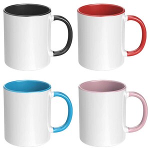 May include: Four ceramic mugs with different colored rims and handles. The mugs are white with a black, red, blue, and pink rim. The handles are the same color as the rim.