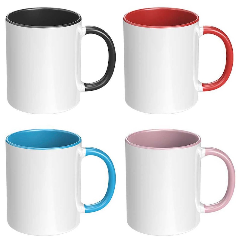 May include: Four ceramic mugs with different colored rims and handles. The mugs are white with a black, red, blue, and pink rim. The handles are the same color as the rim.