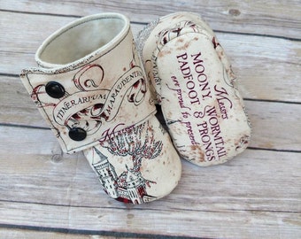 Tan and Maroon HP Harry Potter booties, toddler,baby shoes, crib shoes, slippers, slip on shoes, baby booties, bib, bows, hermone Granger