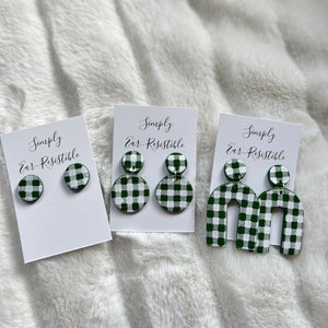 Leaf Green and White Plaid Polymer Clay Earrings. Available in 3 different sizes.