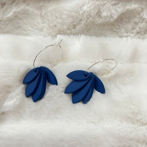 Silver Hoops with Navy Polymer Clay Feathers