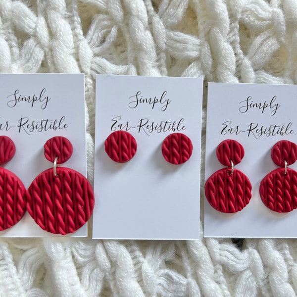 Red Sweater Polymer Clay Earrings. Available in 3 sizes.