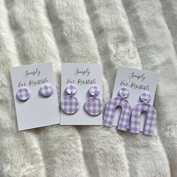 Lilac Purple and White Plaid Clay Earrings. Available in 3 sizes.