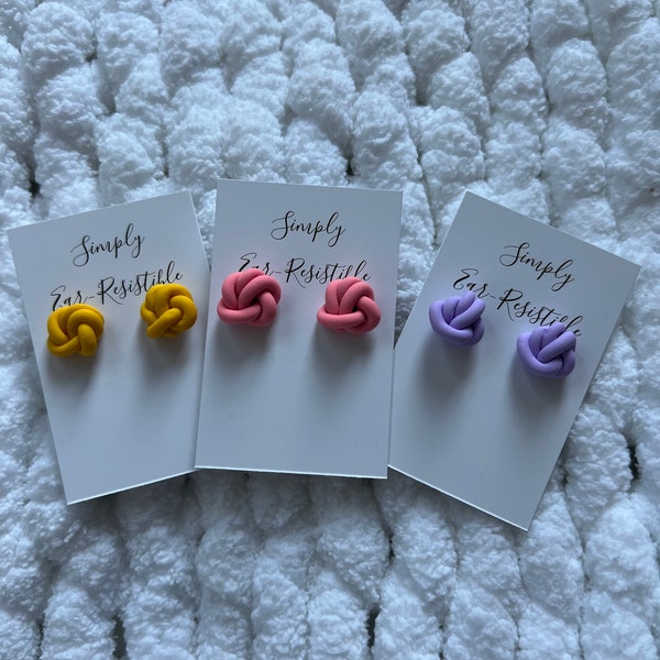 Polymer Clay Knot Stud Earrings. Available in three colors: Cadmium Yellow, Lilac Purple and Rose Pink